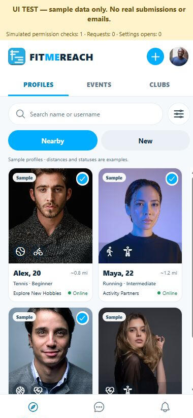 FitMeReach Discover preview showing sample profiles and activity interests