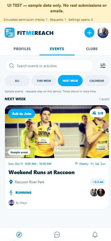 FitMeReach Events preview showing a sample running event